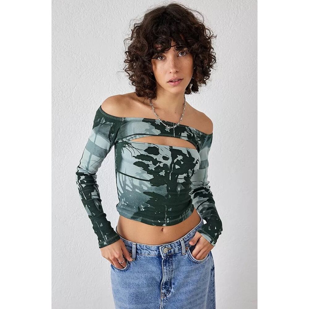 Motel Rocks NWT Tula Cut-Out Cold Shoulder Top Sz S Green Tye Dye Off Shoulder